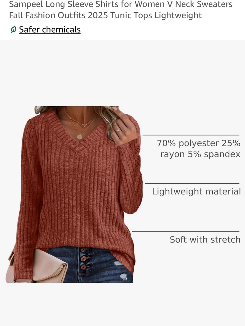 Women's V-Neck Ribbed Sweater in Rust - Picture 3 of 4